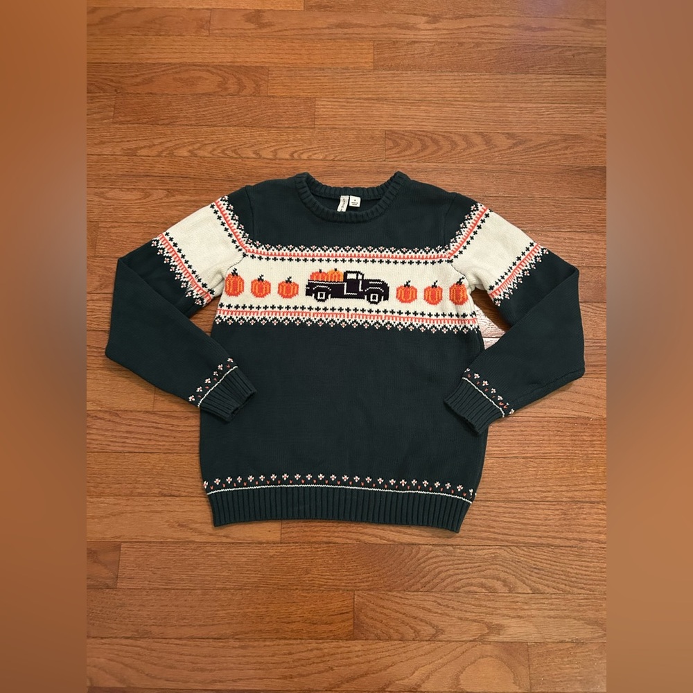 Janie and Jack Green Pumpkin Tractor Fair Isle Sweater